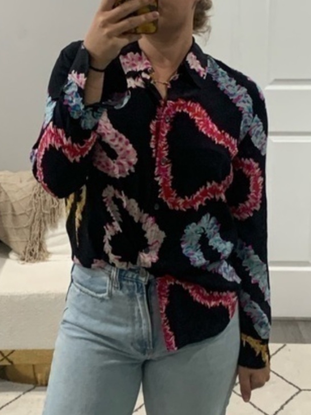 Equipment Black Button-Down Shirt with Multicolor Abstract Heart Print ❤️💙💗